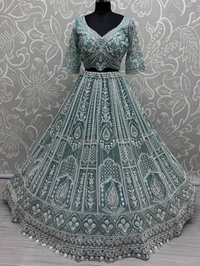 Charming Sky-Blue Pearl Work Net Bridesmaid Lehenga Choli With Dupatta